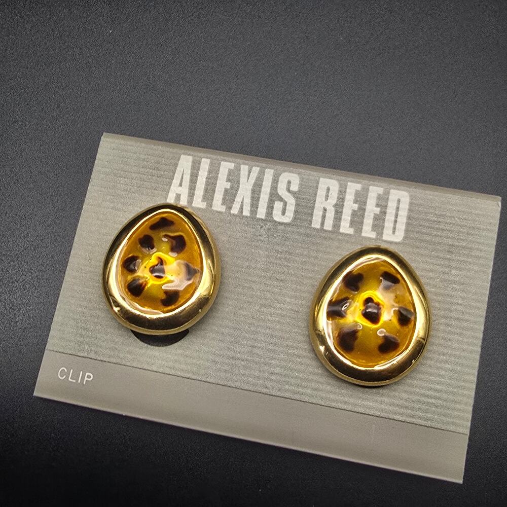 Alexis Reed Enamel Leopard Print Earrings Clip On Tear Drop 1980s Mob Wife